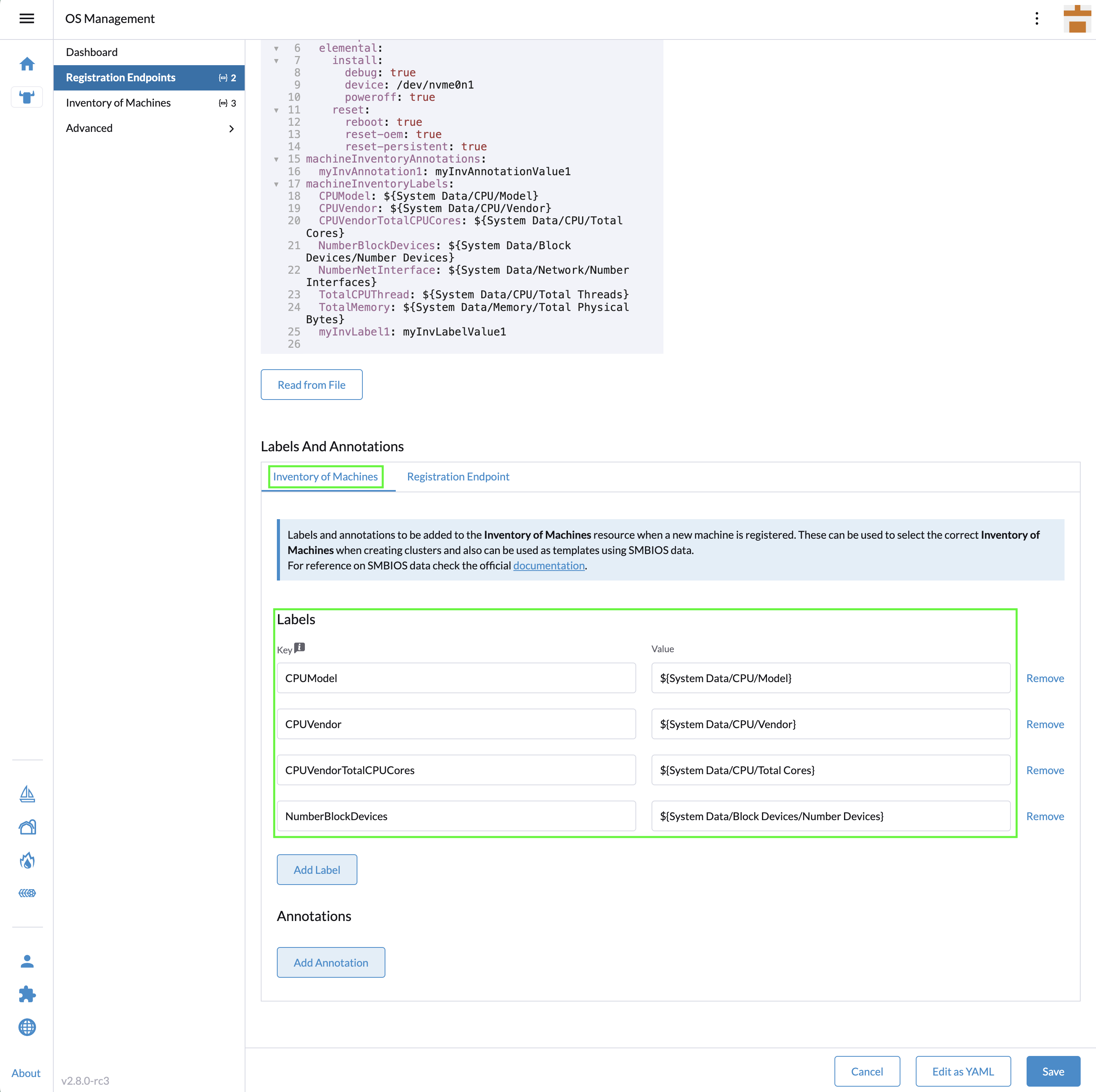 Endpunkt für die Maschinenregistrierung Hardware-Labels