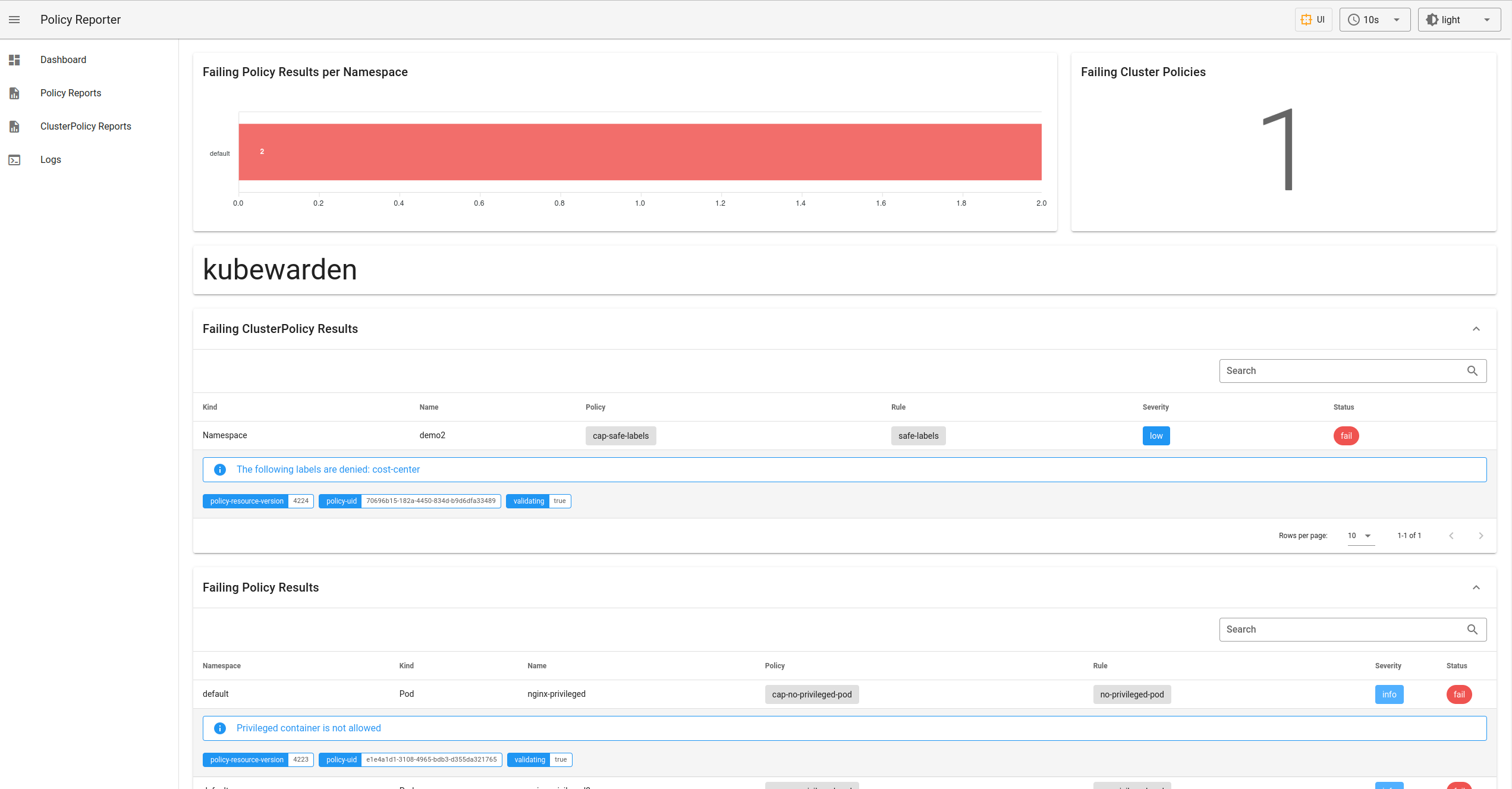 Policy Reporter dashboard example