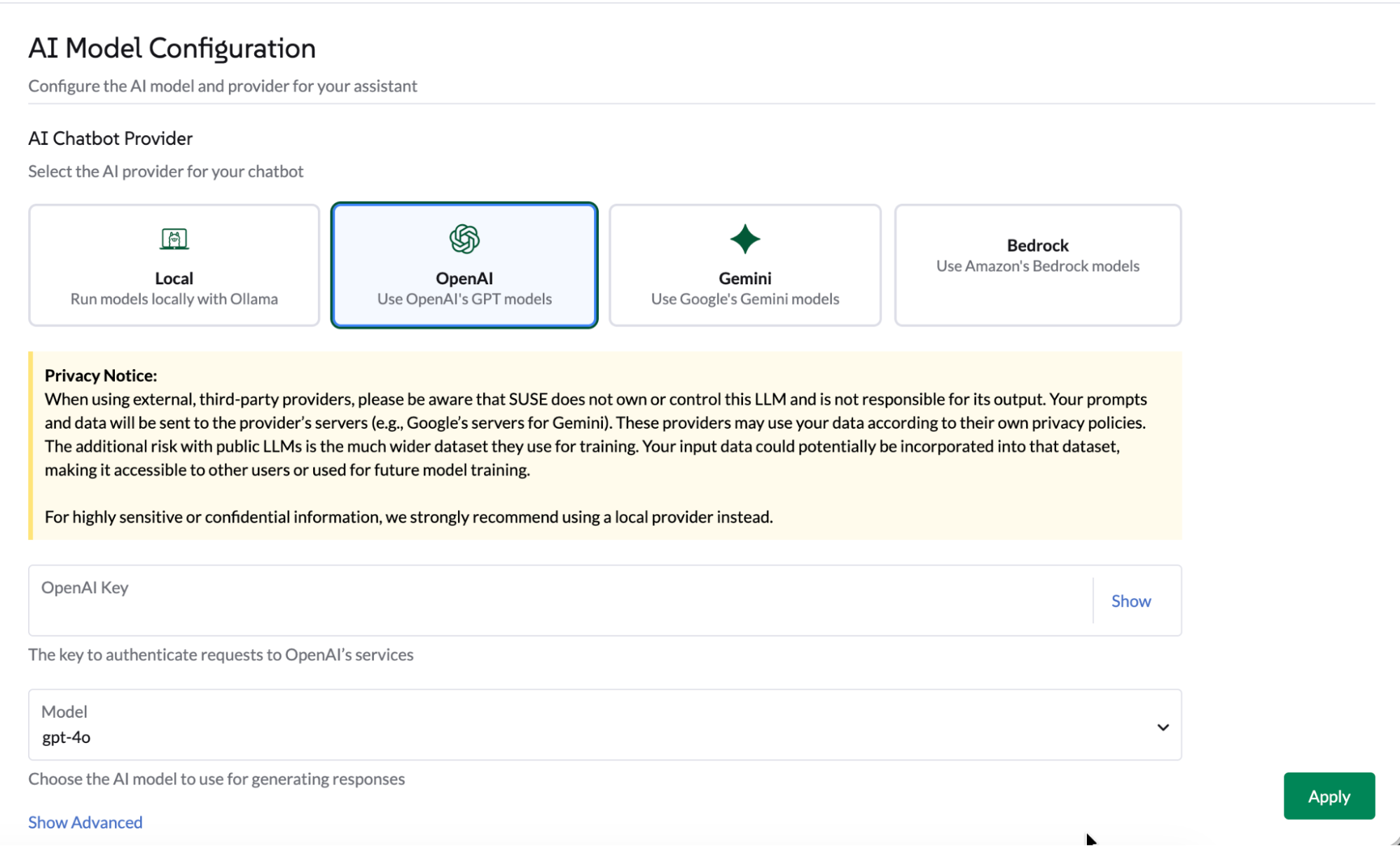 Pantalla de configuración de OpenAI