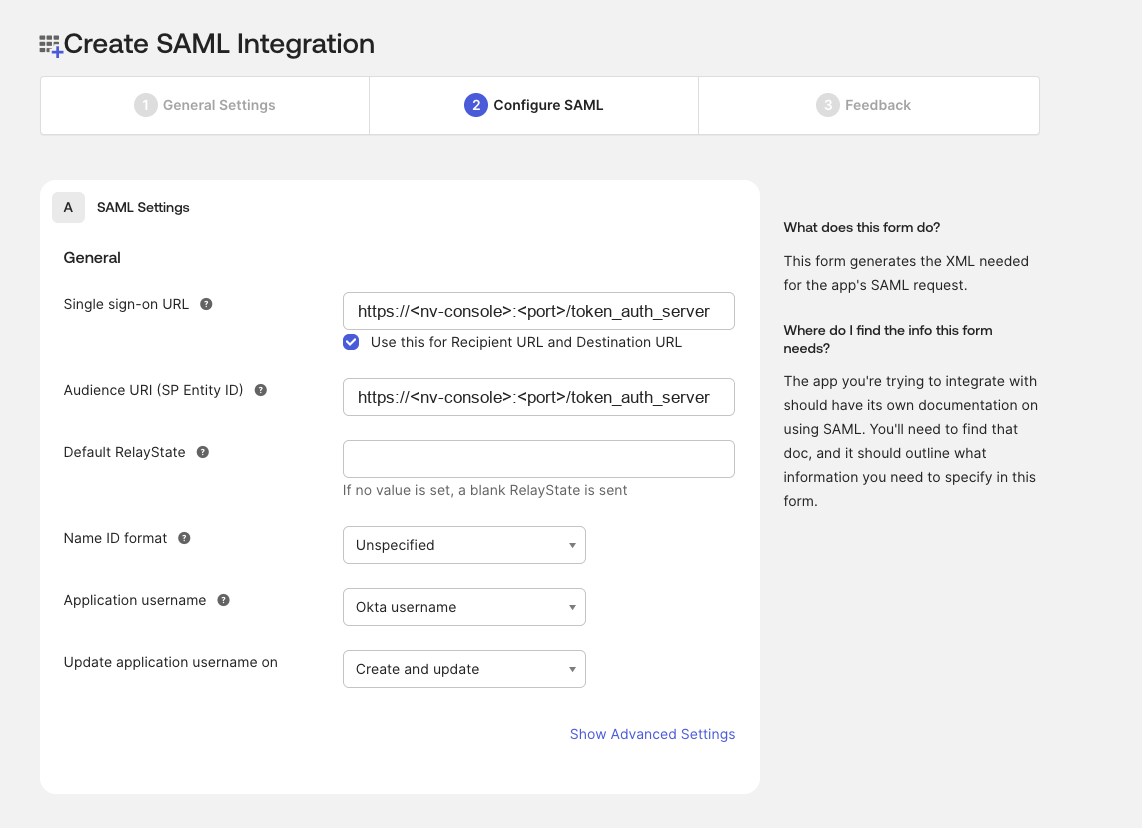 Okta SAML settings