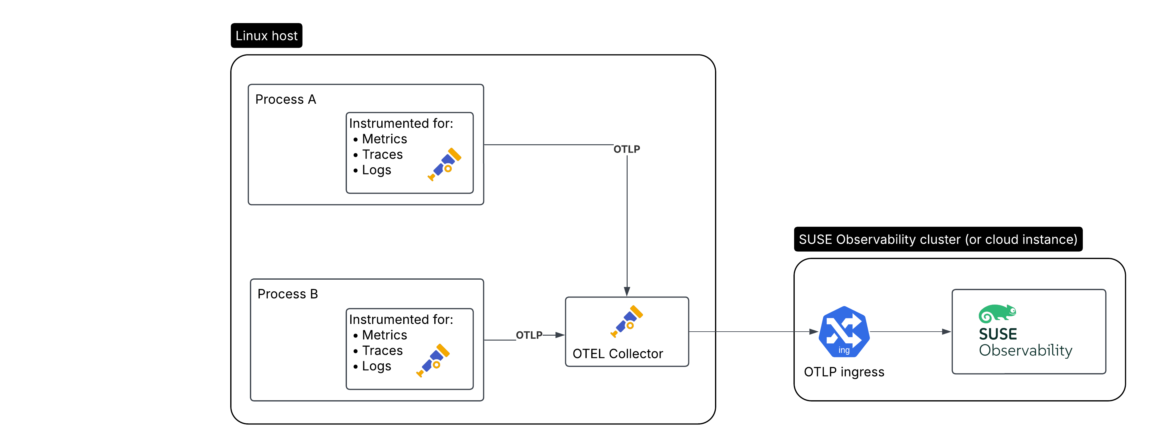 Instrumentación de aplicaciones en un host Linux con el recolector de Open Telemetry ejecutándose en el host