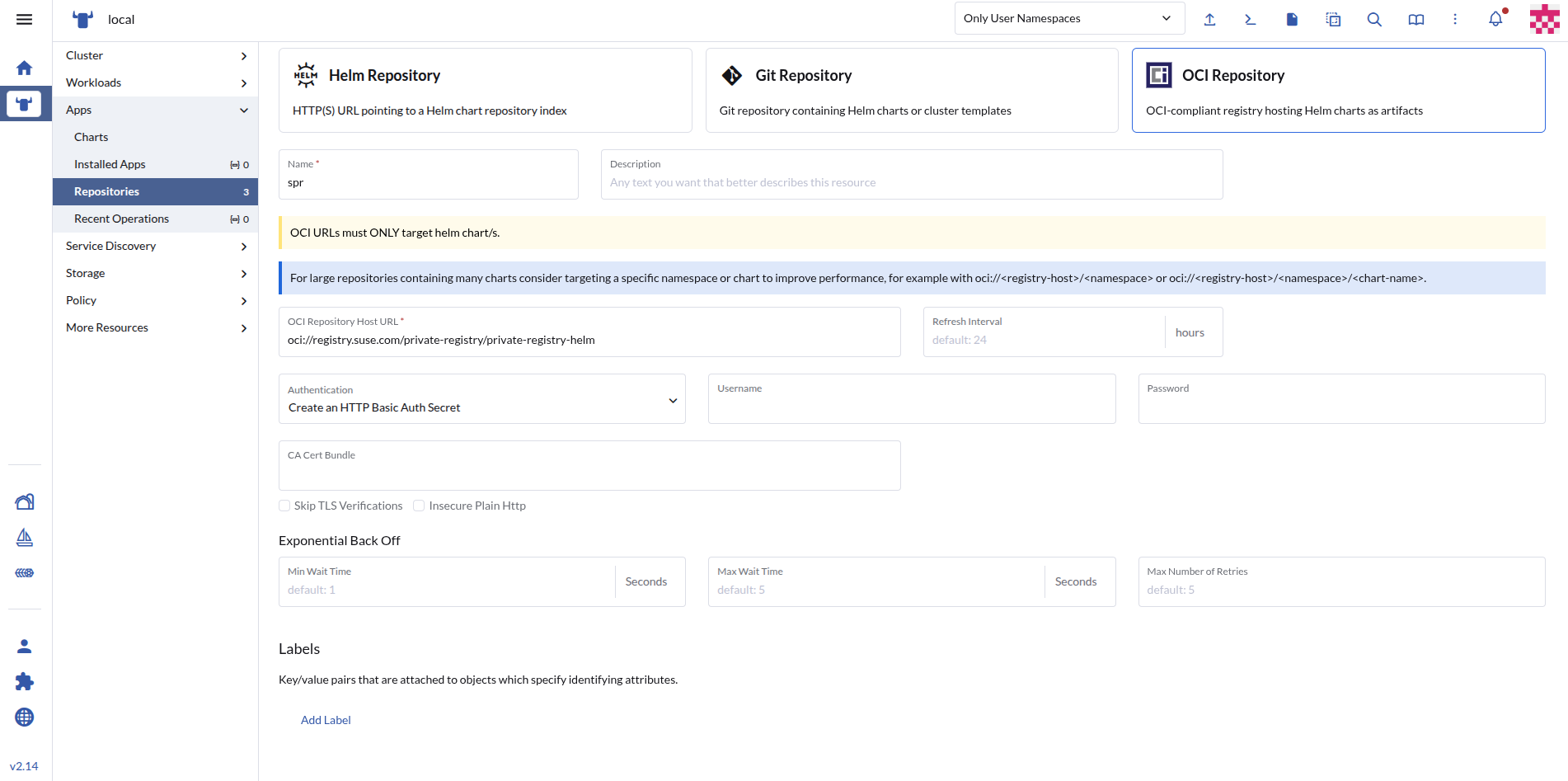 A screenshot showing how to add a SUSE Private Registry repository to Rancher A screenshot showing how to add a SUSE Private Registry repository to Rancher