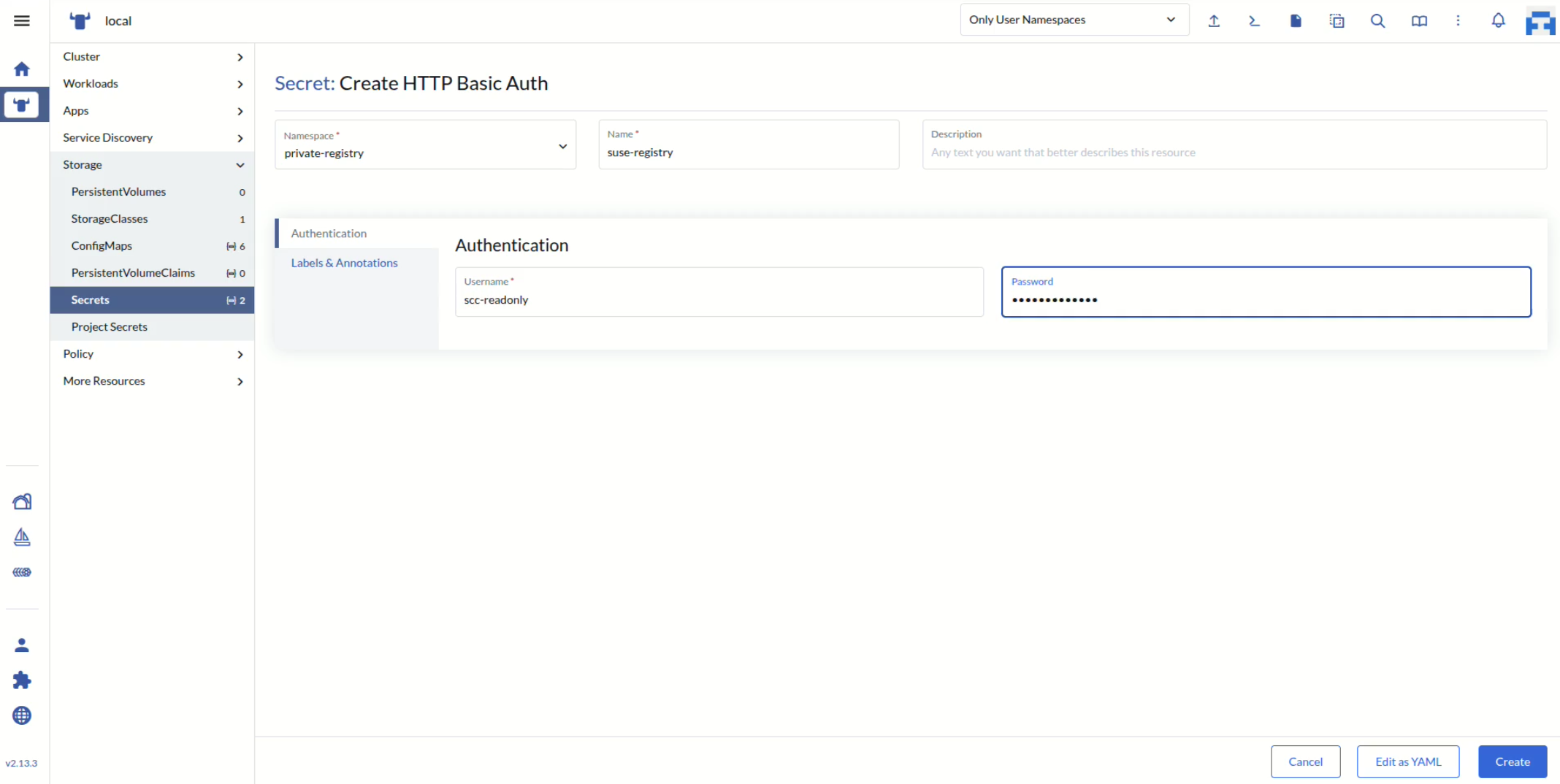 A screenshot showing how to add SUSE Private Registry secrets to Rancher A screenshot showing how to add SUSE Private Registry secrets to Rancher