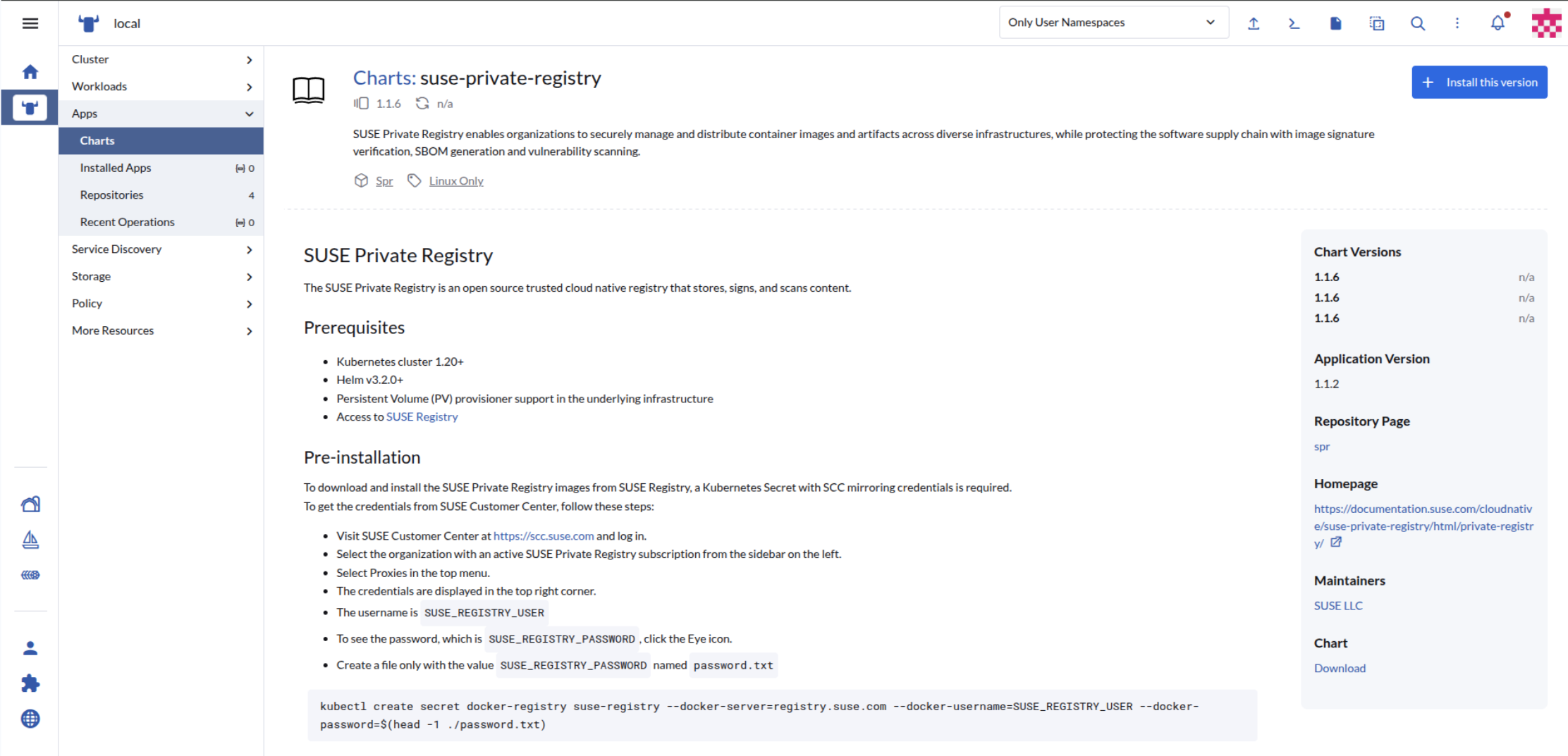 A screenshot showing the installation screen of SUSE Private Registry in Rancher A screenshot showing the installation screen of SUSE Private Registry in Rancher