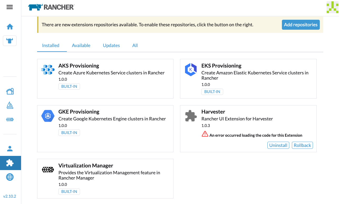 Rancher UI - Harvester UI Extension Installation Error