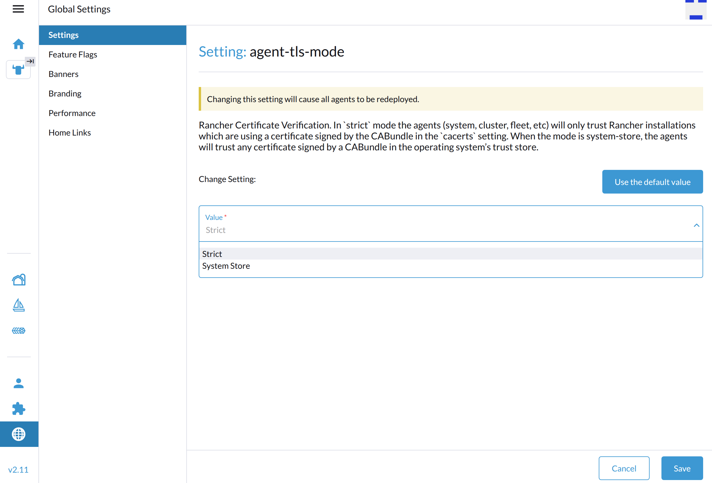 rancher global setting agent tls mode