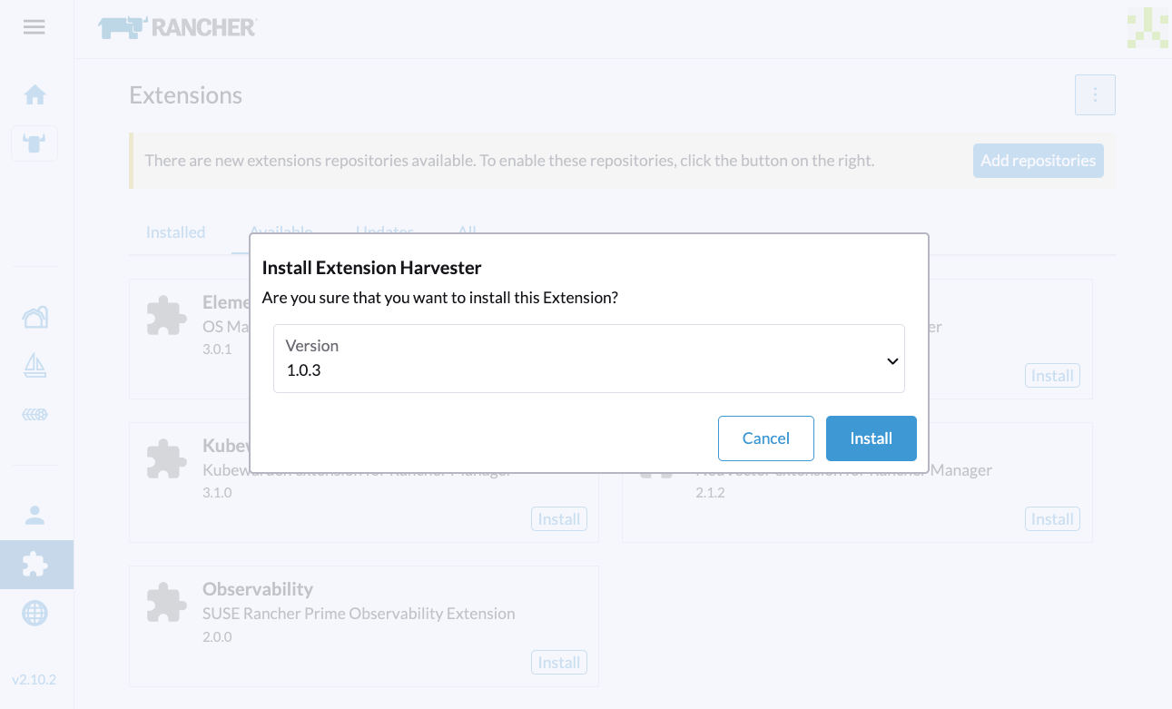 Rancher UI - Selecionar Versão da Extensão da UI do Harvester