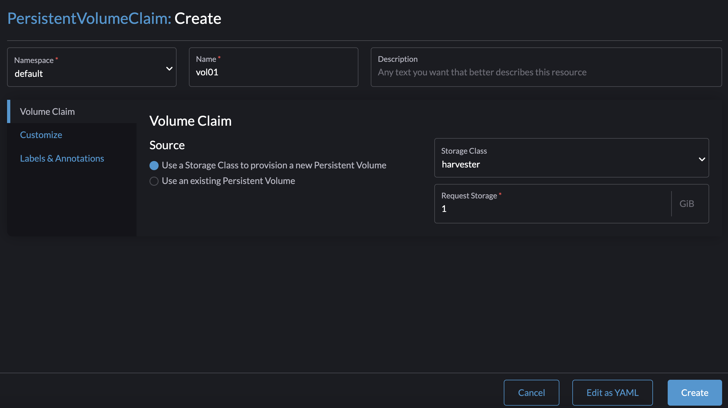 create volume with harvester csi driver