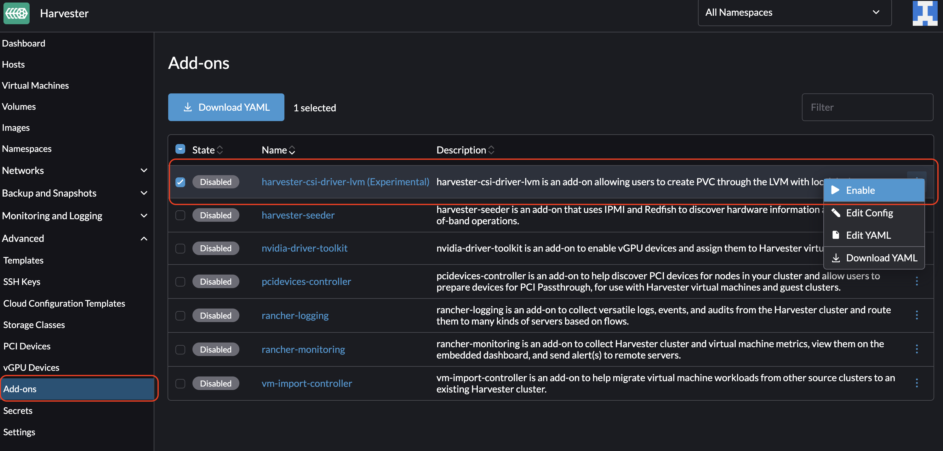 enable lvm addon