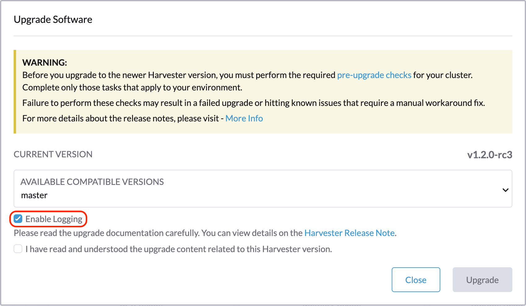 The "Enable Logging" checkbox on the upgrade confirmation dialog