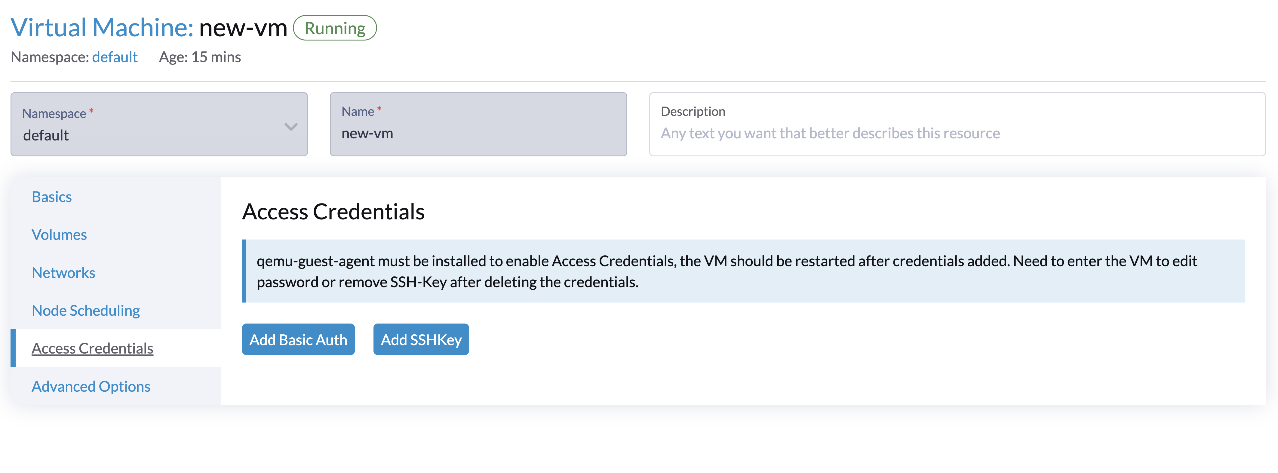 vm add access credentails