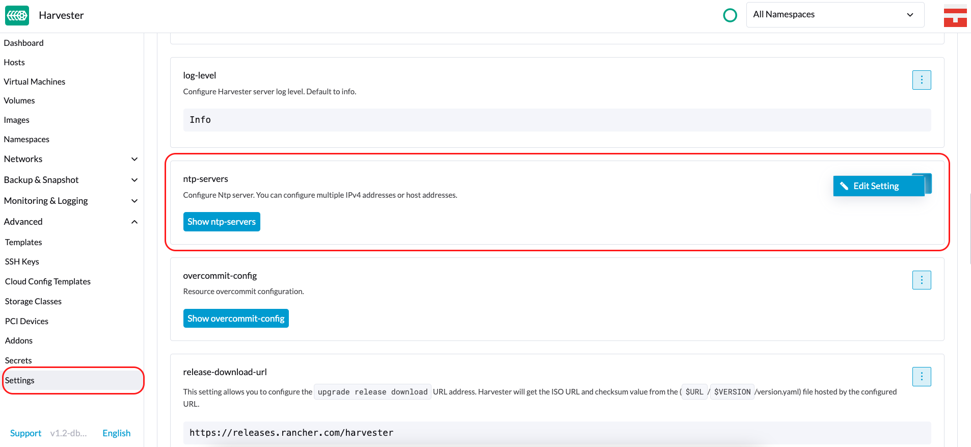 harvester ntp settings