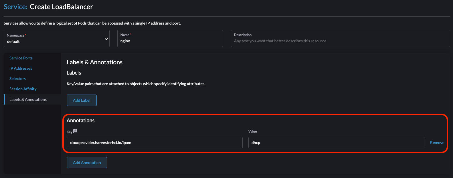 harvester cloud provider loadbalancer annotation