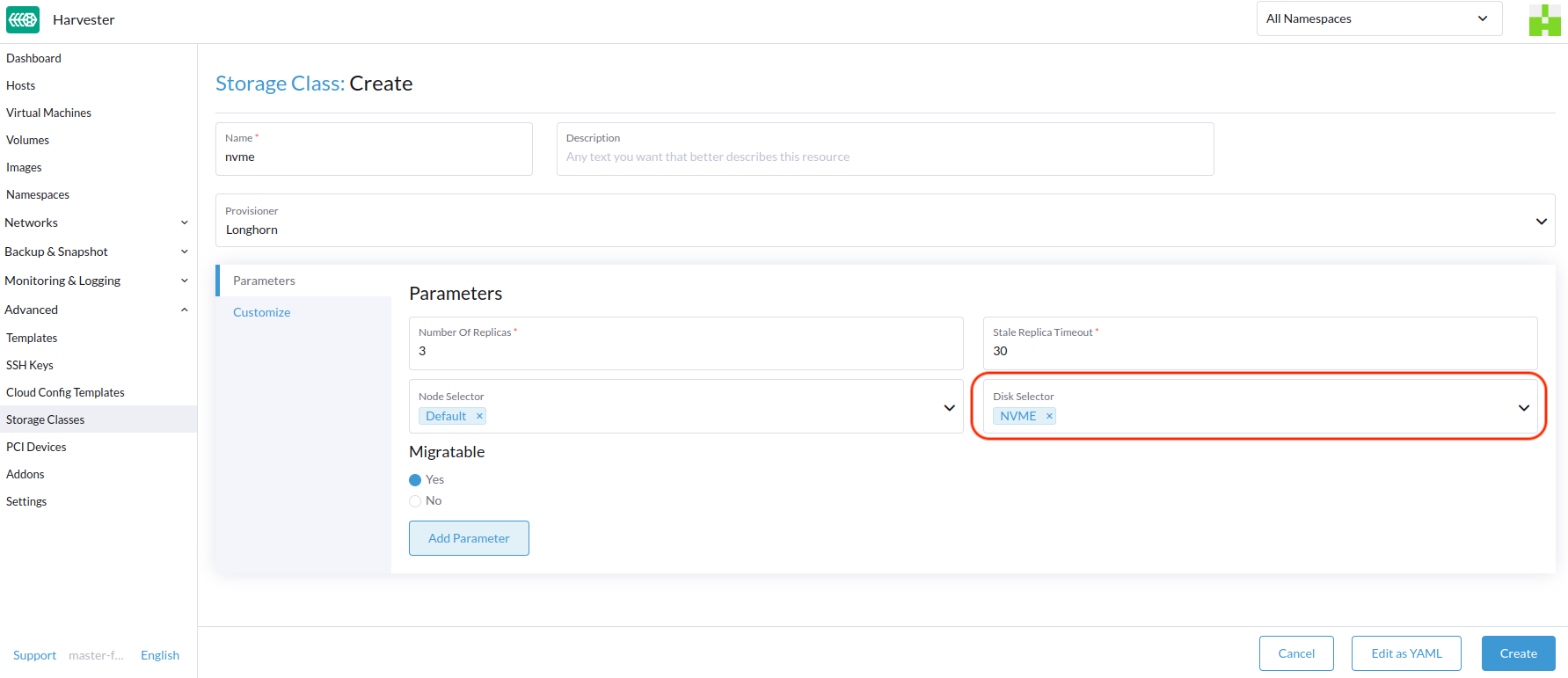 create storageclasses disk selector