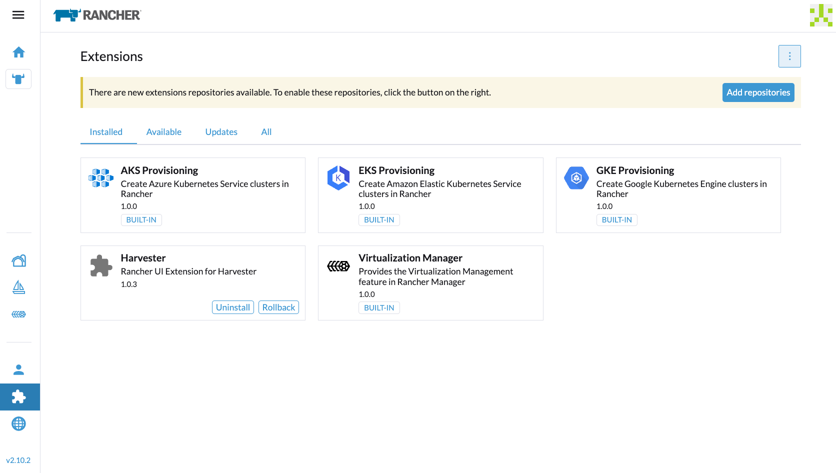 Interface Rancher - Extension UI Harvester installée