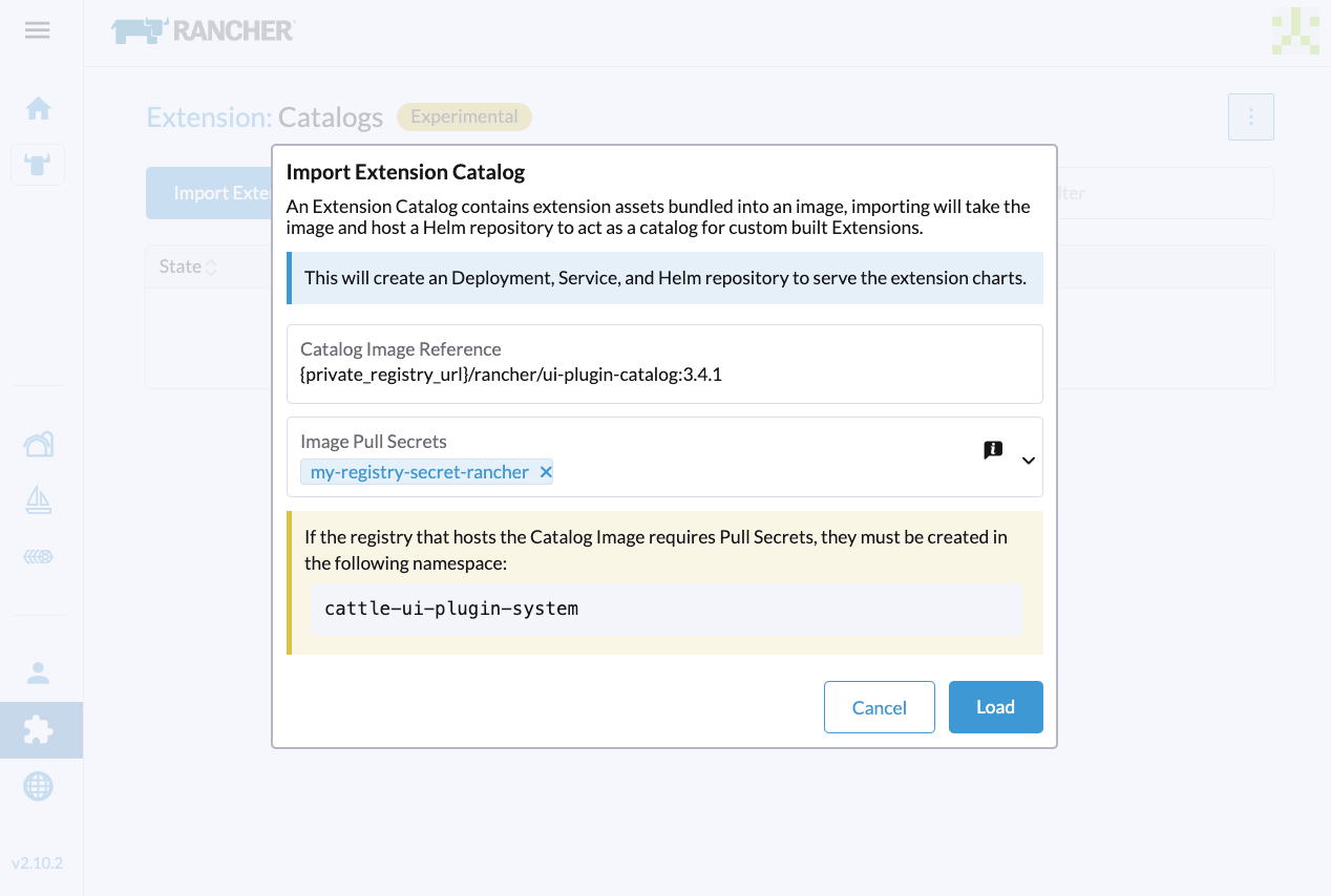 Rancher UI - Import Extension Catalog