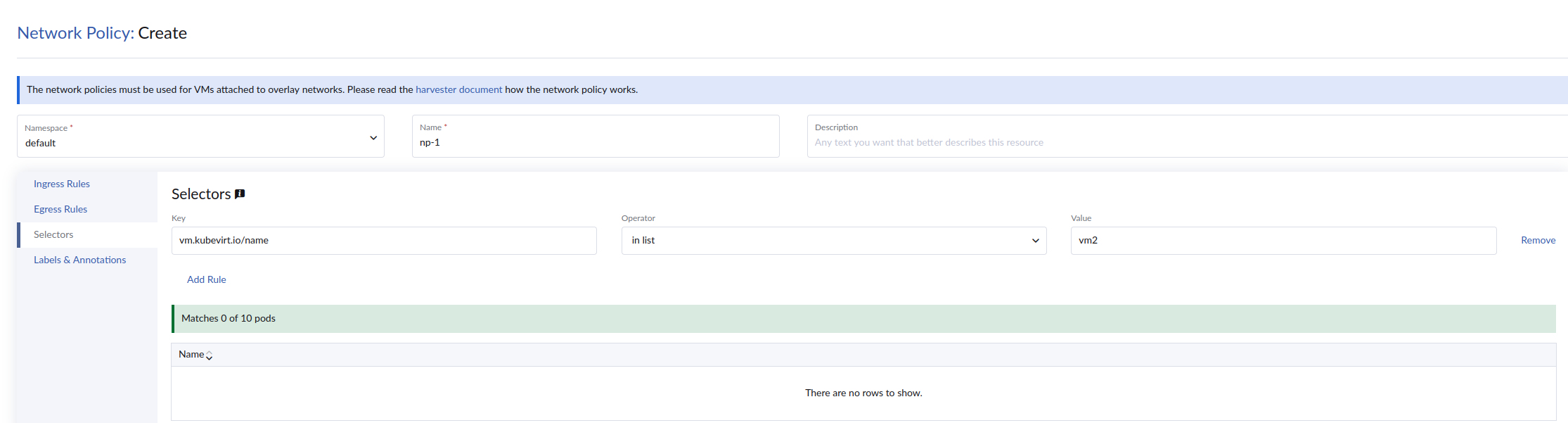 Network policy selectors