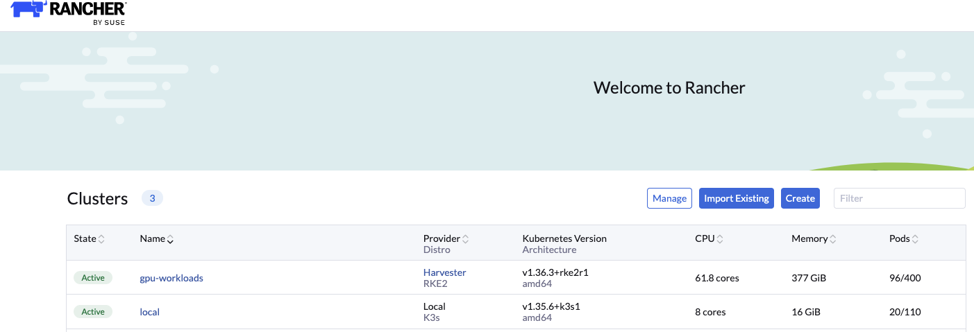 Rancher UI - Cluster Management - cluster workloads