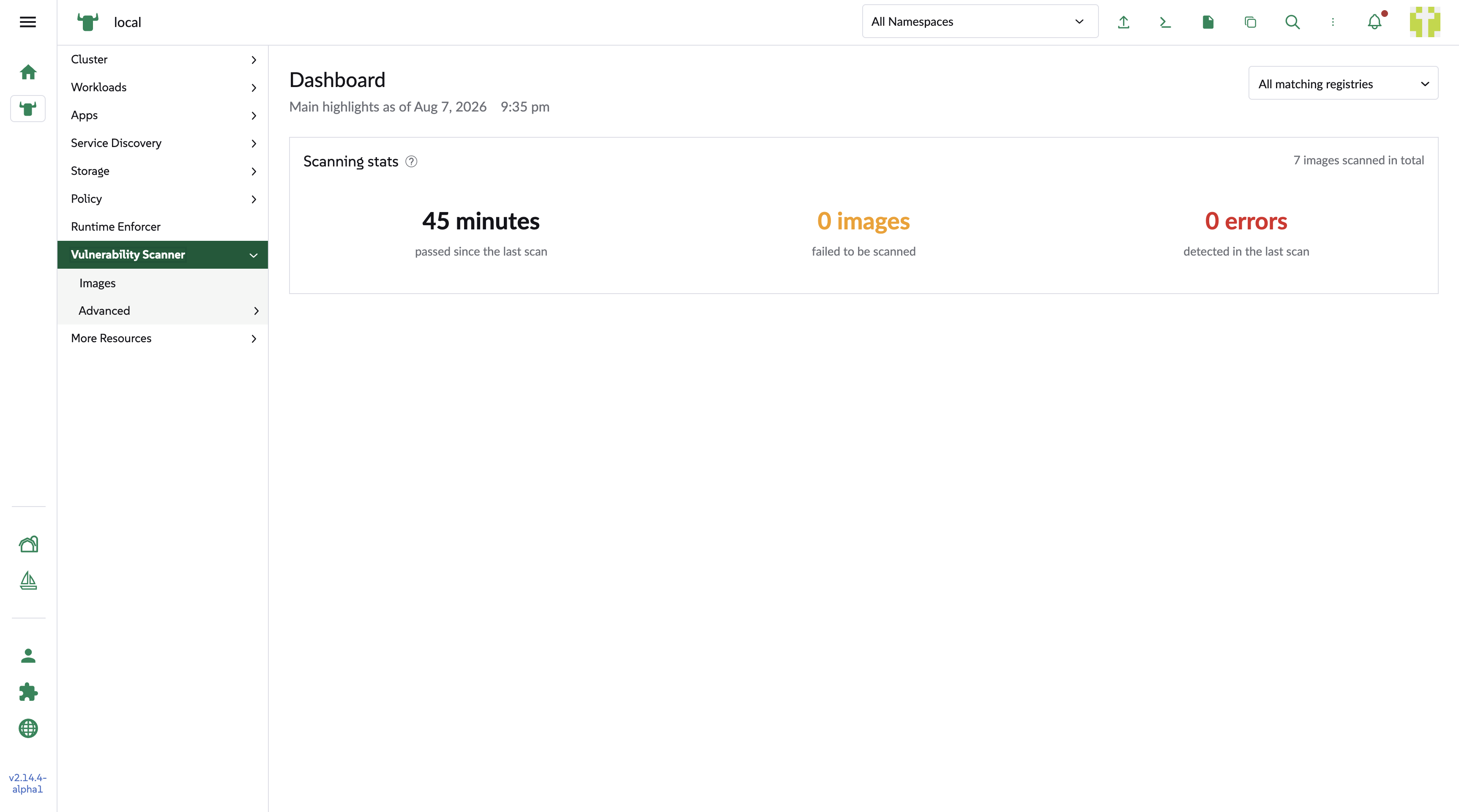 Dashboard with scanning statistics
