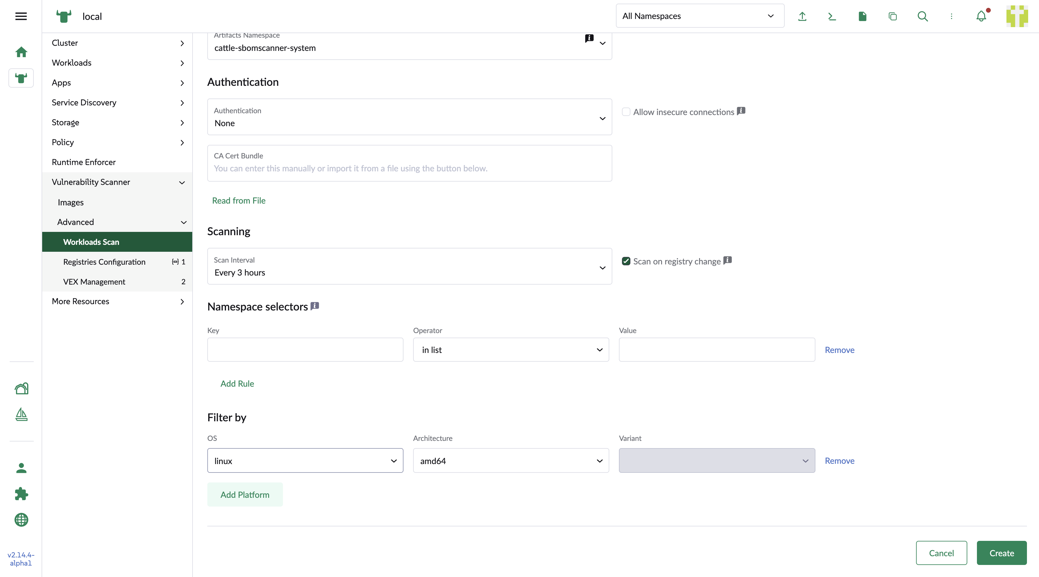 Workload scan configuration