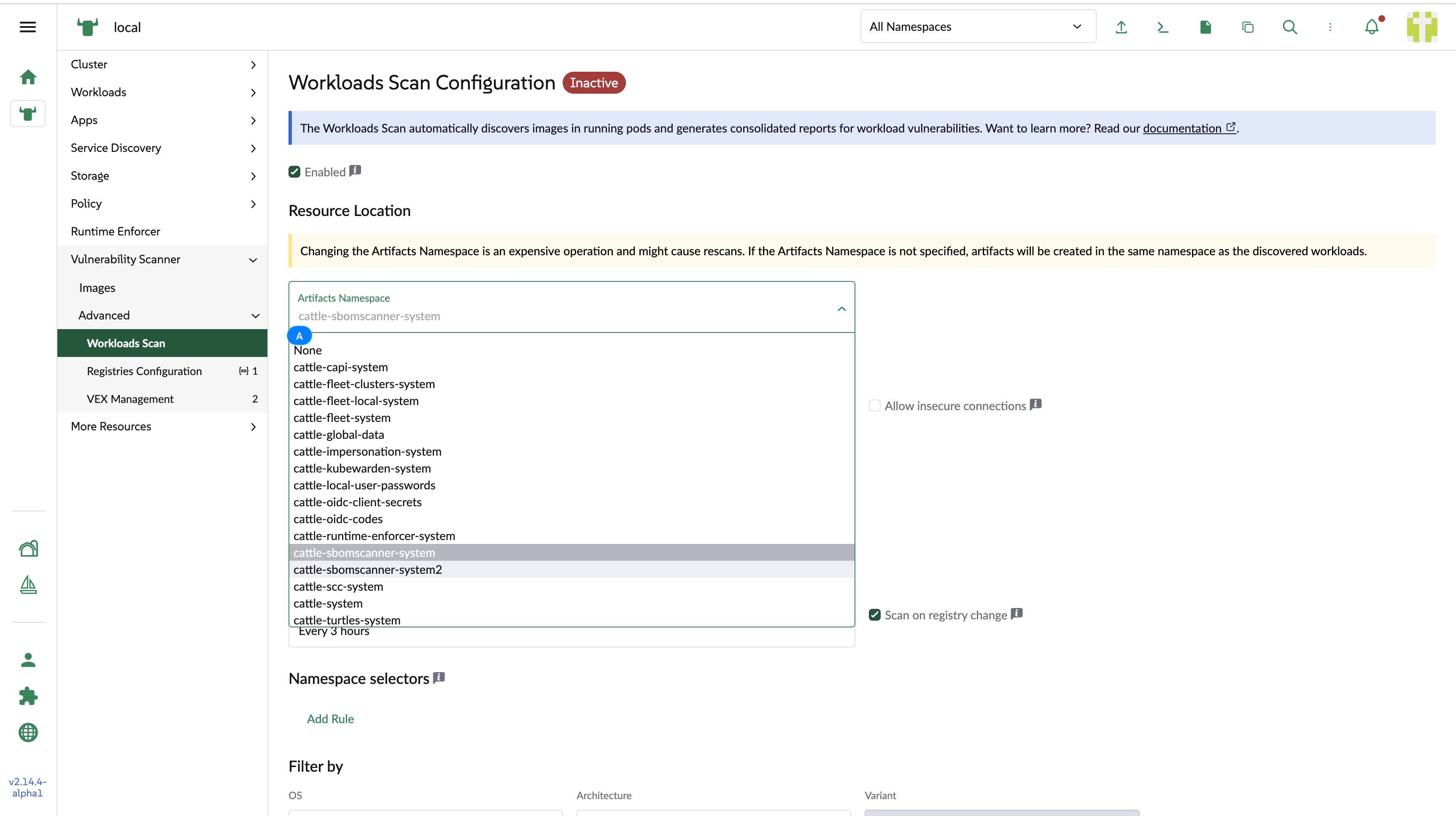 Changing the artifacts namespace on a disabled configuration