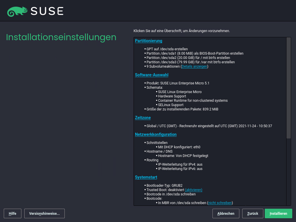 Installationseinstellungen Installationseinstellungen