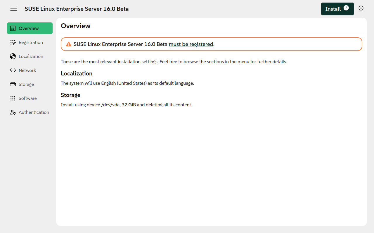 Installation settings overview Installation settings overview