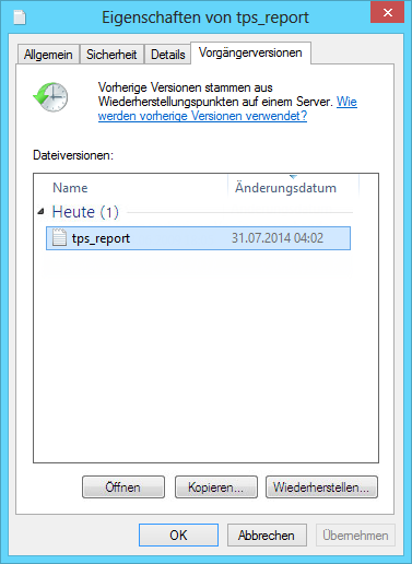 Die Registerkarte Vorgängerversionen in Windows Explorer