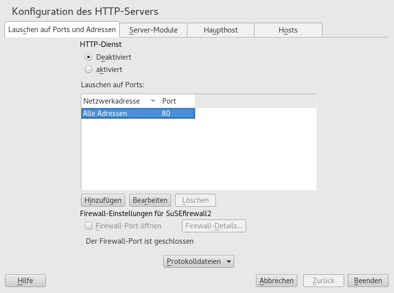 Konfiguration des HTTP-Servers: Überwachen von Ports und Adressen