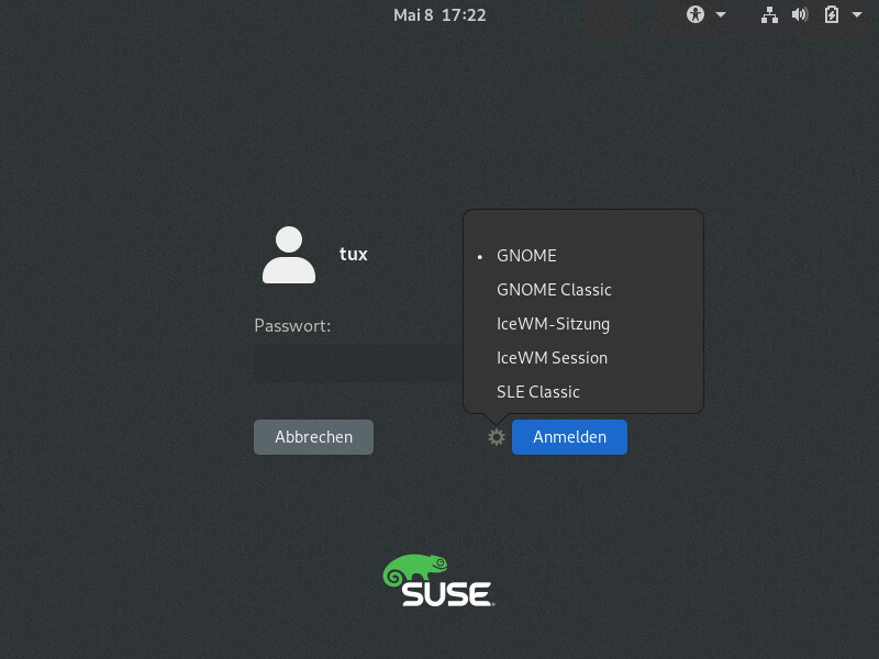 Standardmäßiger GNOME-Anmeldebildschirm – Sitzungstyp