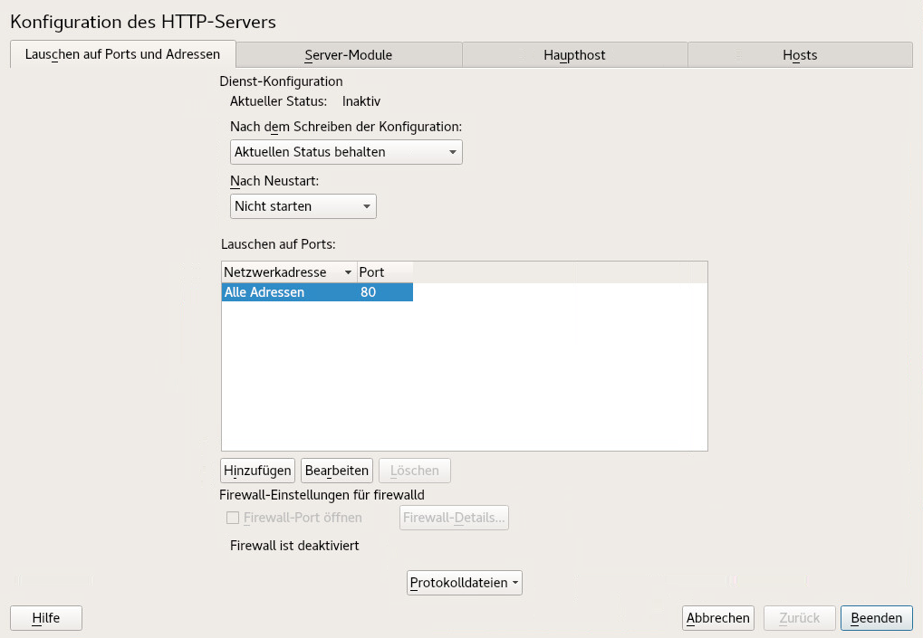 Konfiguration des HTTP-Servers: Überwachen von Ports und Adressen