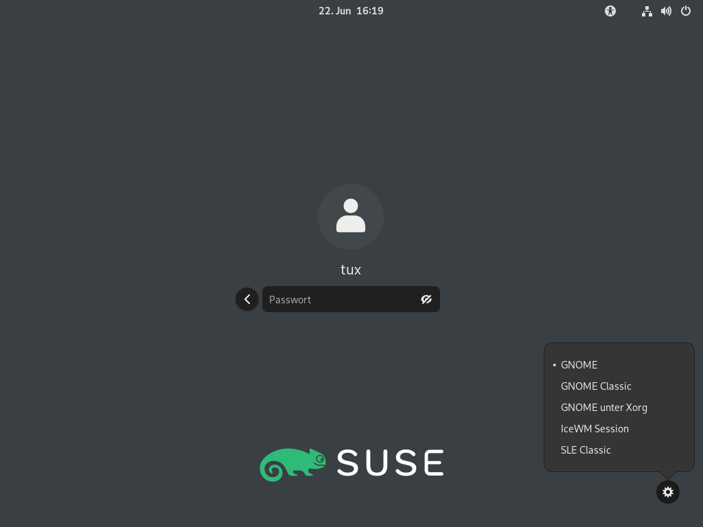 Standardmäßiger GNOME-Anmeldebildschirm – Sitzungstyp