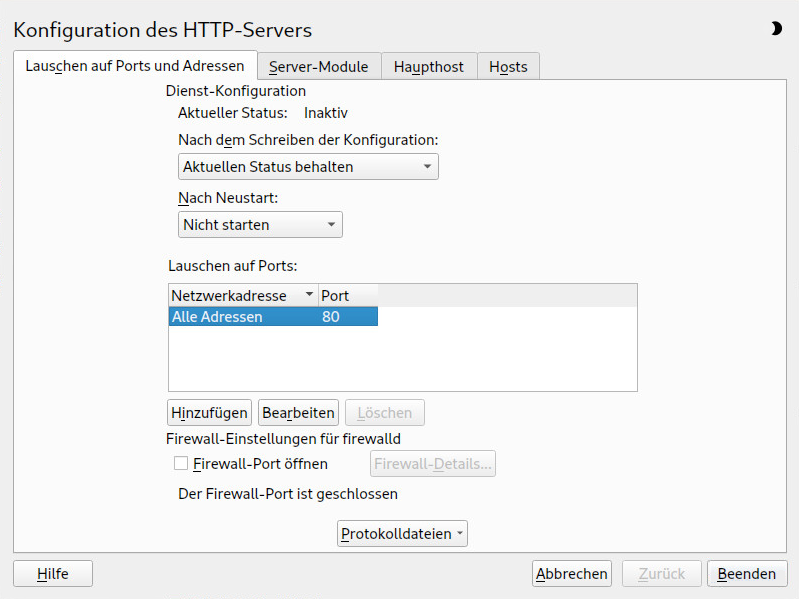 Konfiguration des HTTP-Servers: Überwachen von Ports und Adressen