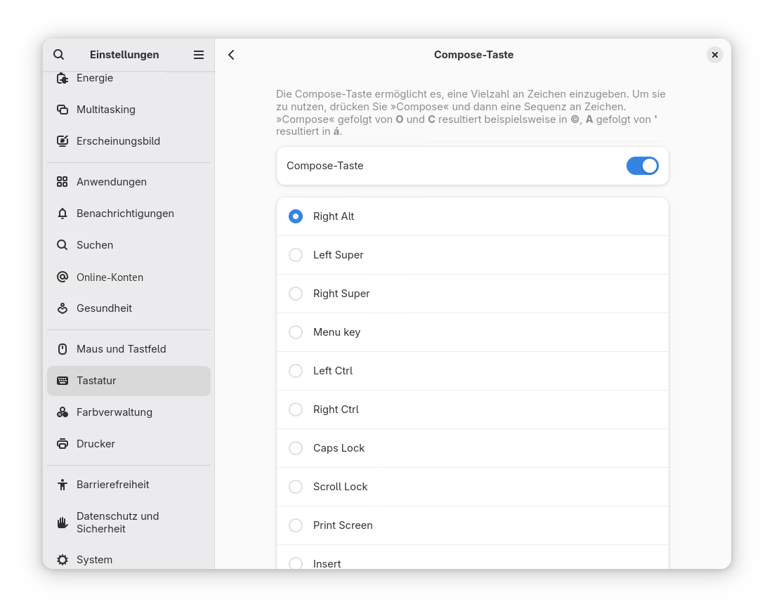 GNOME-Desktop: Aktivieren der Zeichenfolge für die Erstellungstaste GNOME-Desktop: Aktivieren der Zeichenfolge für die Erstellungstaste