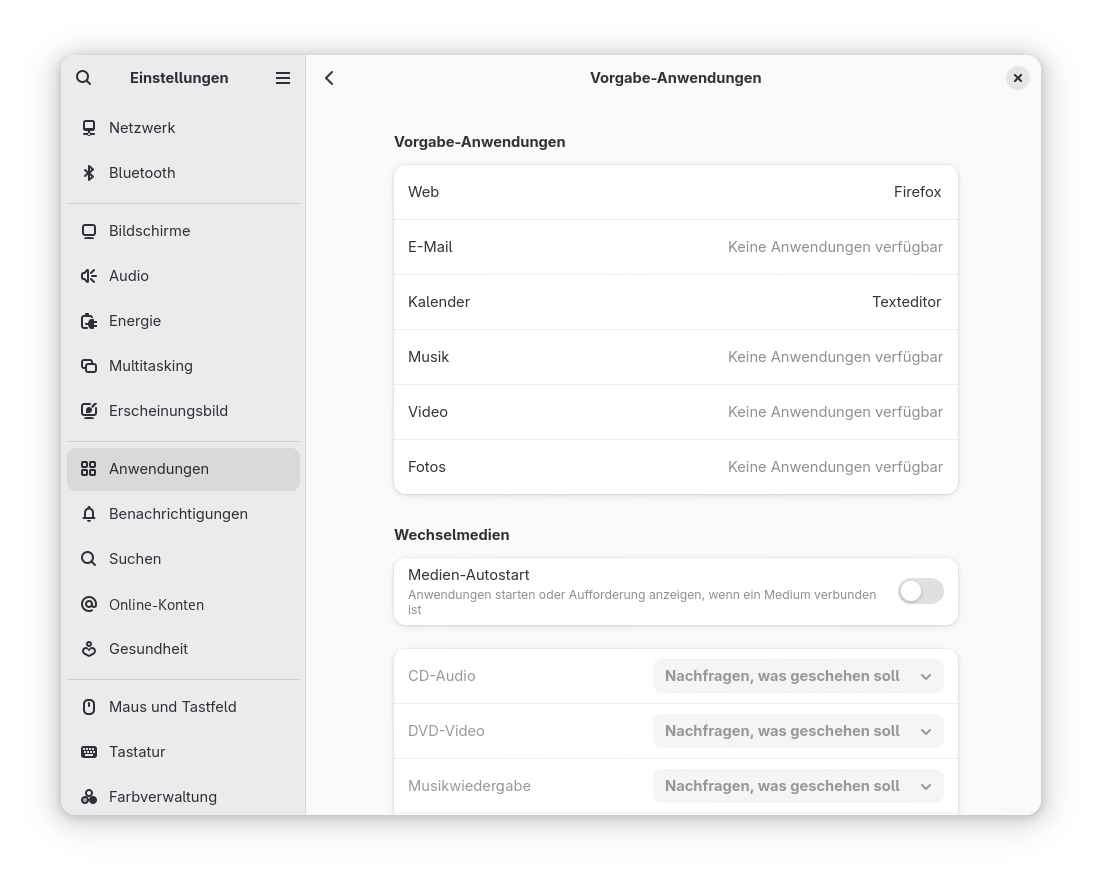 GNOME-Standardanwendungen listet Anwendungen auf, die zum Öffnen allgemeiner Links und Dateien verwendet werden GNOME-Standardanwendungen listet Anwendungen auf, die zum Öffnen allgemeiner Links und Dateien verwendet werden