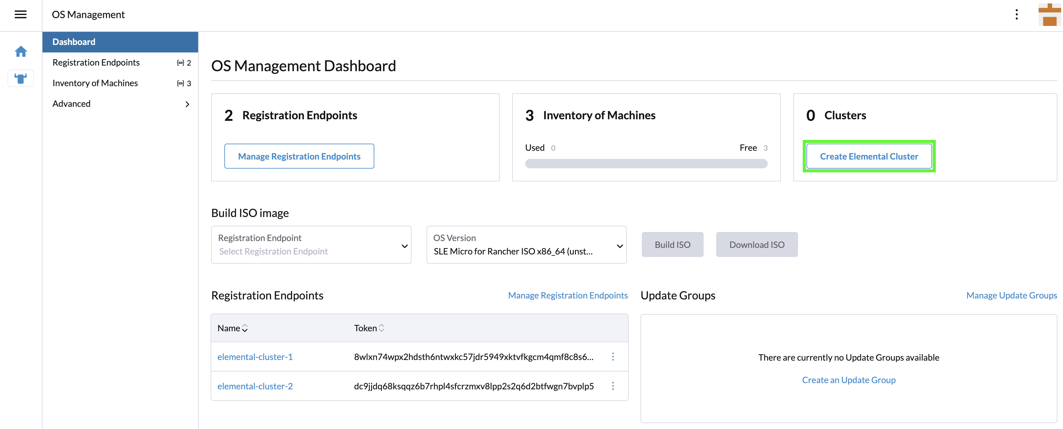 Schaltfläche zum Erstellen des SUSE® Rancher Prime: OS Manager Clusters