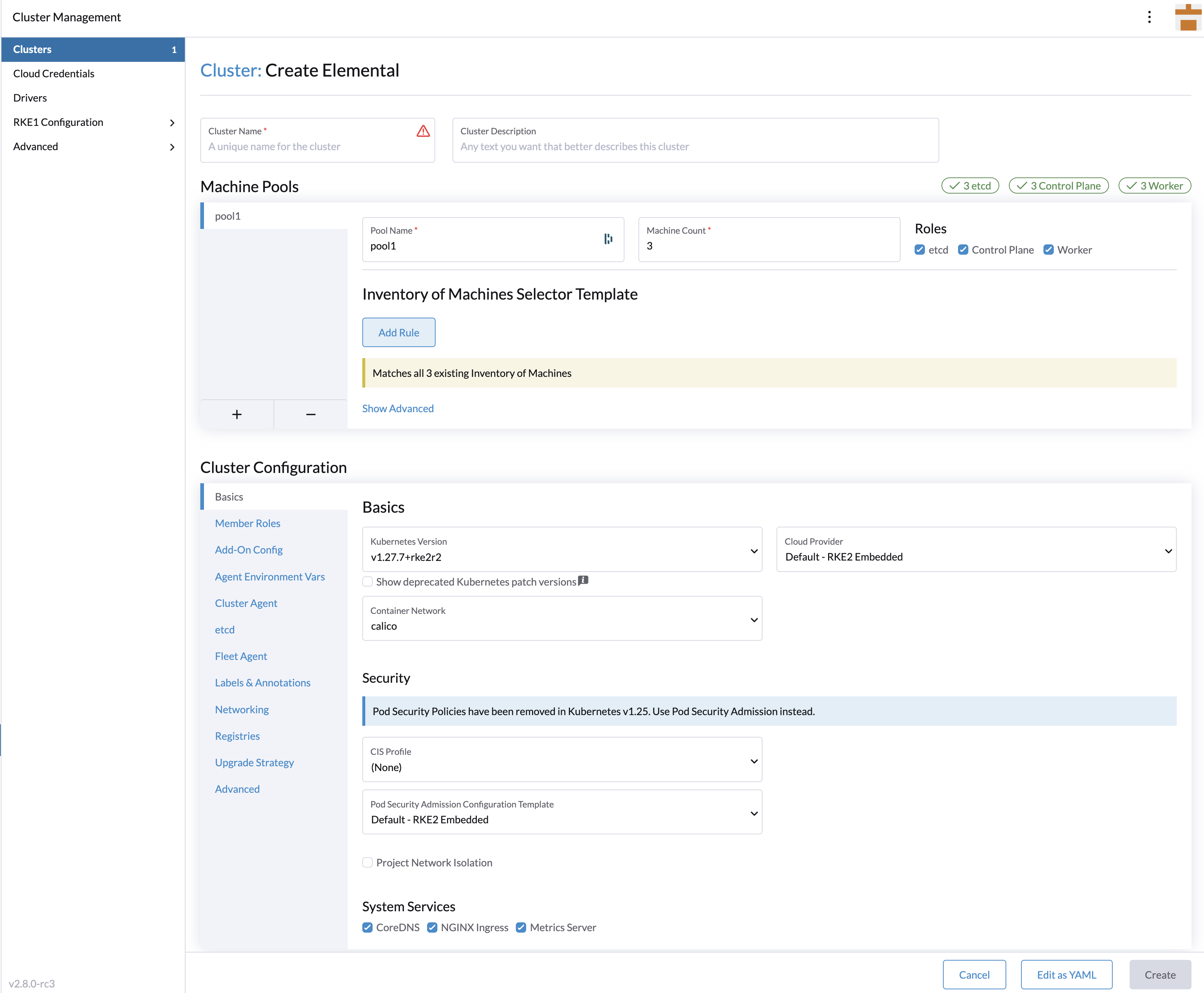 SUSE® Rancher Prime: OS Manager Écran de création de Cluster