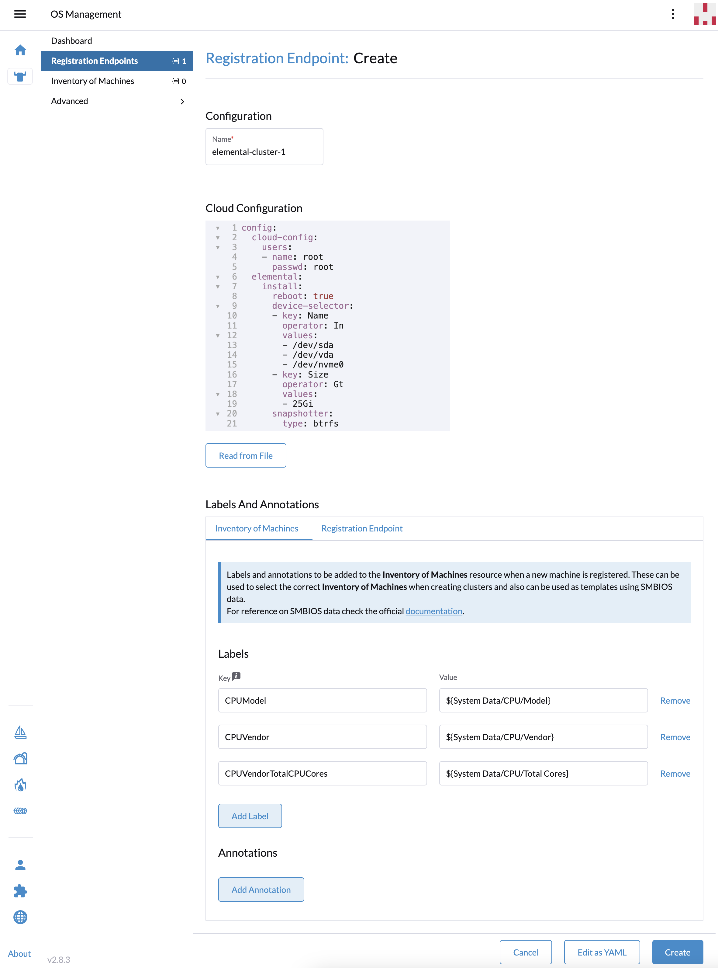 UIを使用して登録エンドポイントを作成する