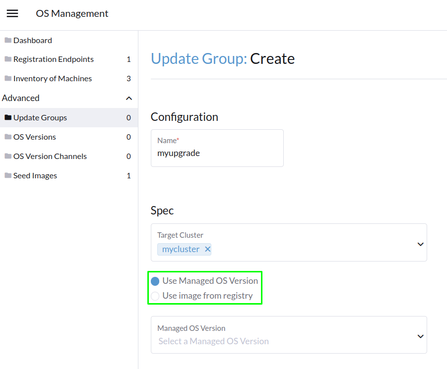 SUSE® Rancher Prime: OS Manager アップグレードメニュー