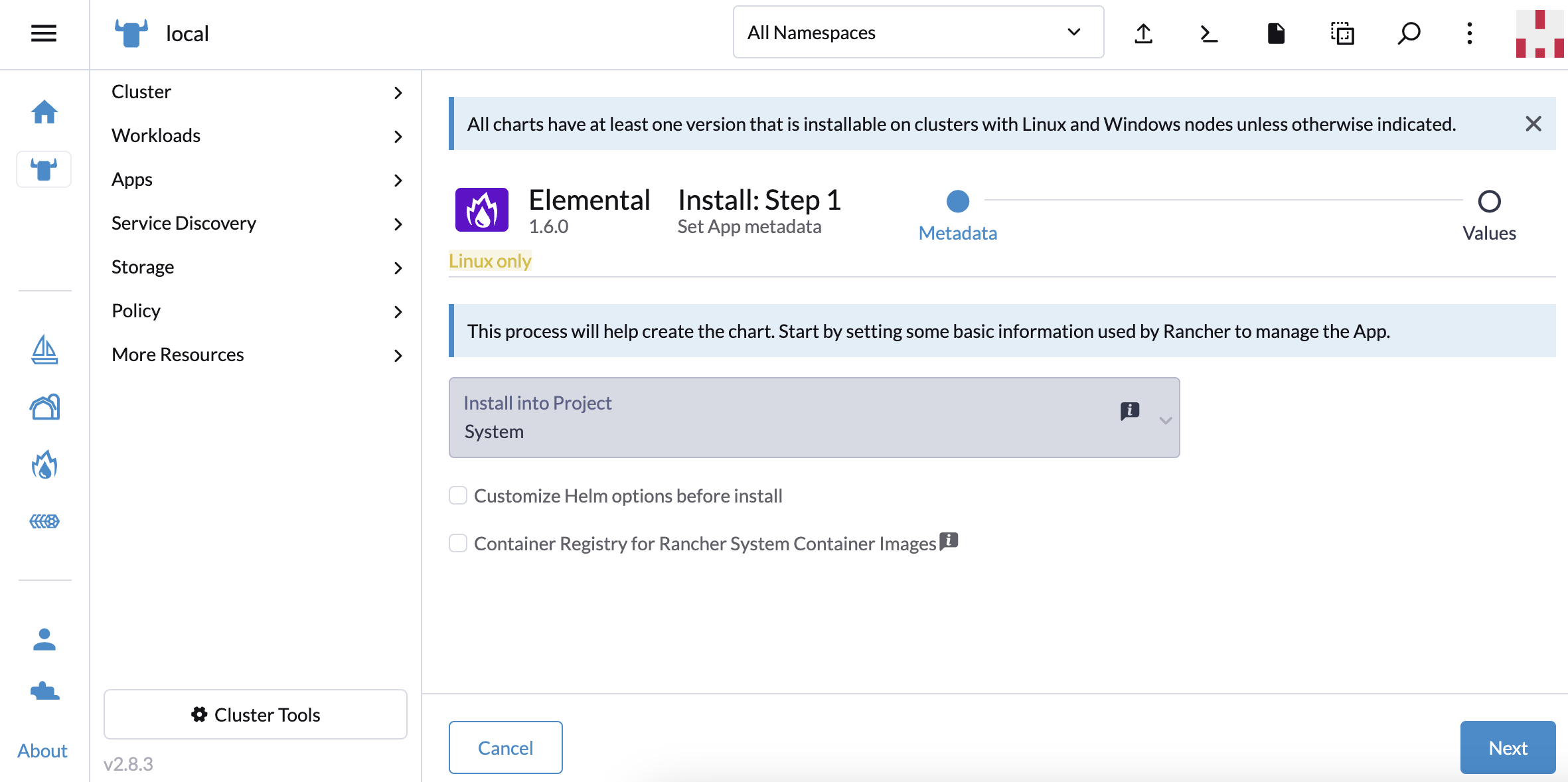 Captura de tela da instalação do SUSE® Rancher Prime: OS Manager operador 1