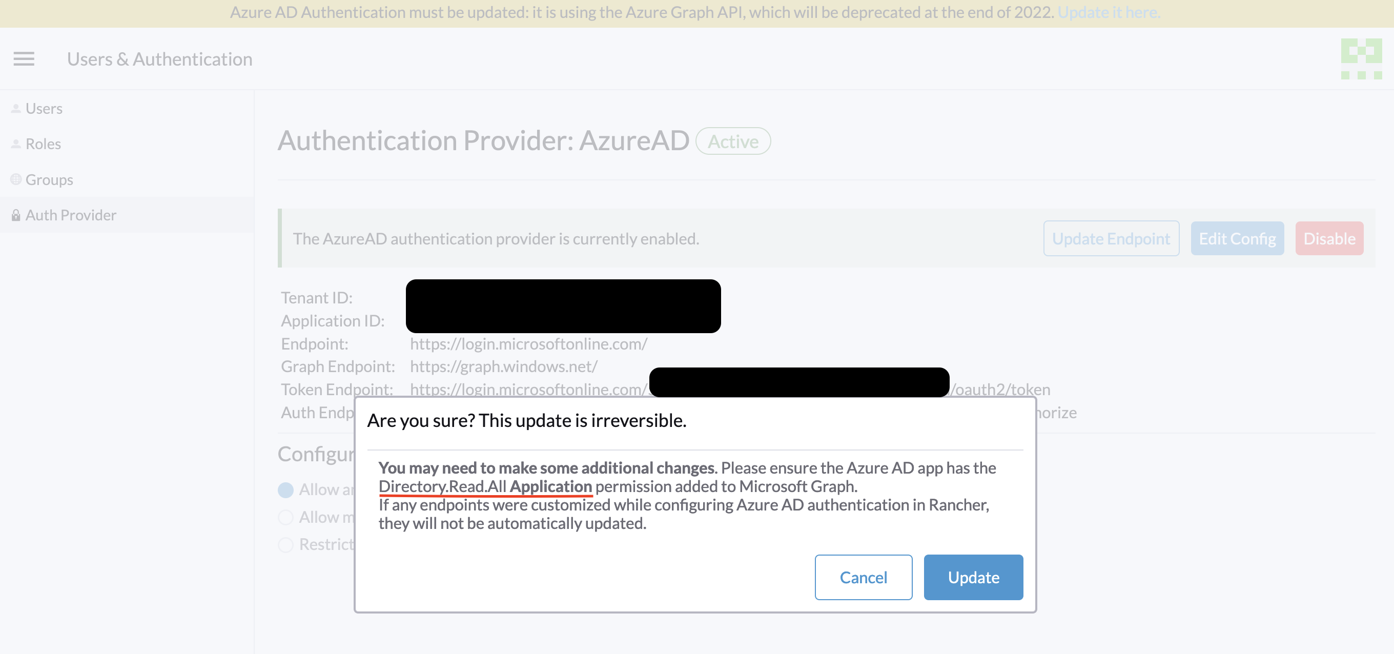 Emergente de actualización de Azure