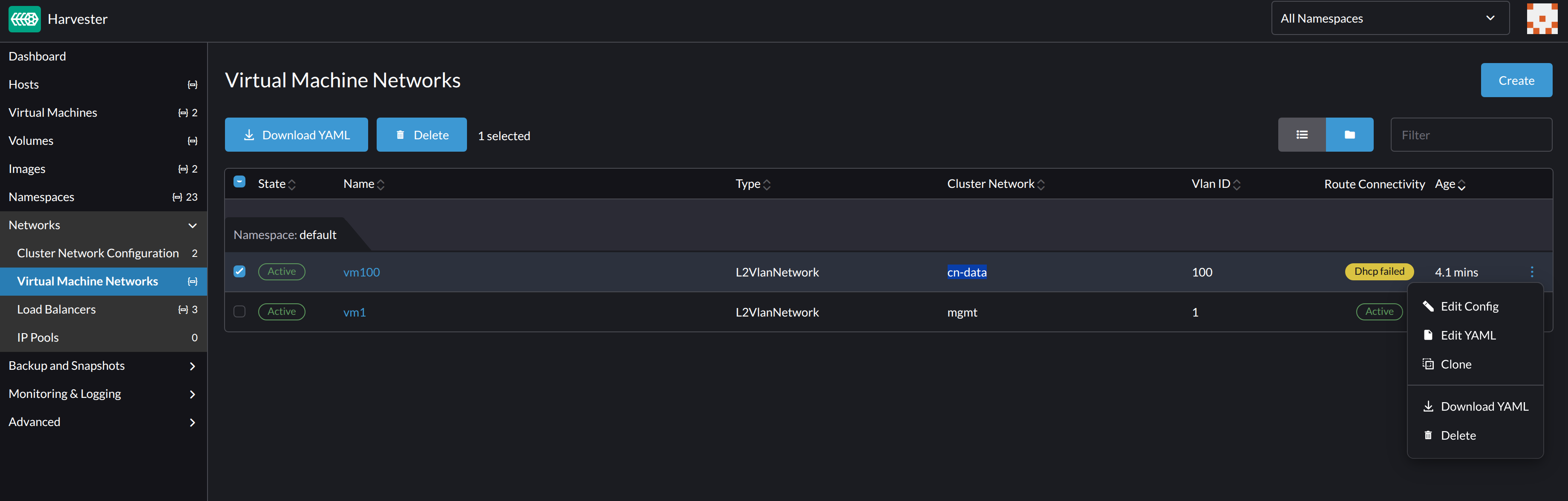 Edit virtual machine network YAML