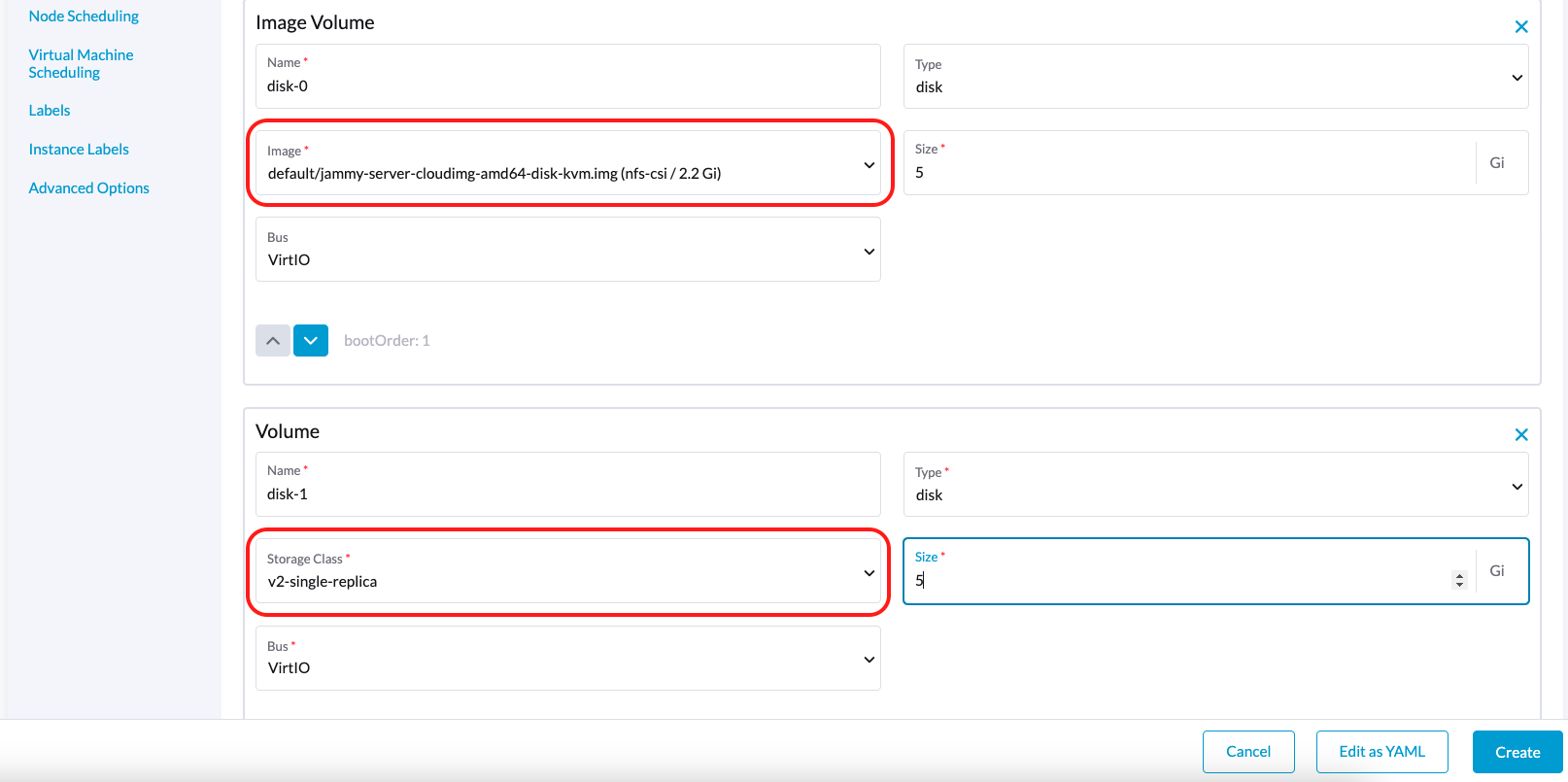 various volumes for vm creating
