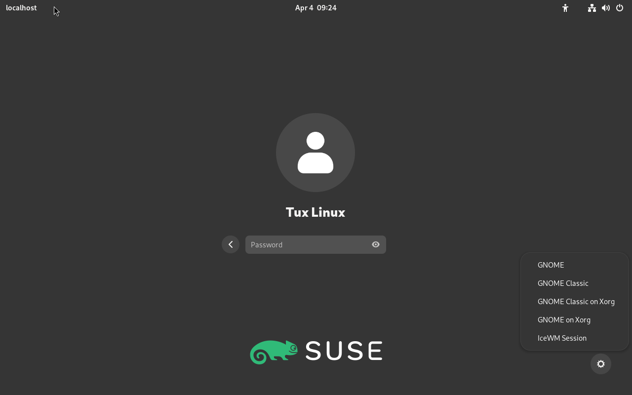 Selecting session types in the default GNOME login screenSelecting session types in the default GNOME login screen