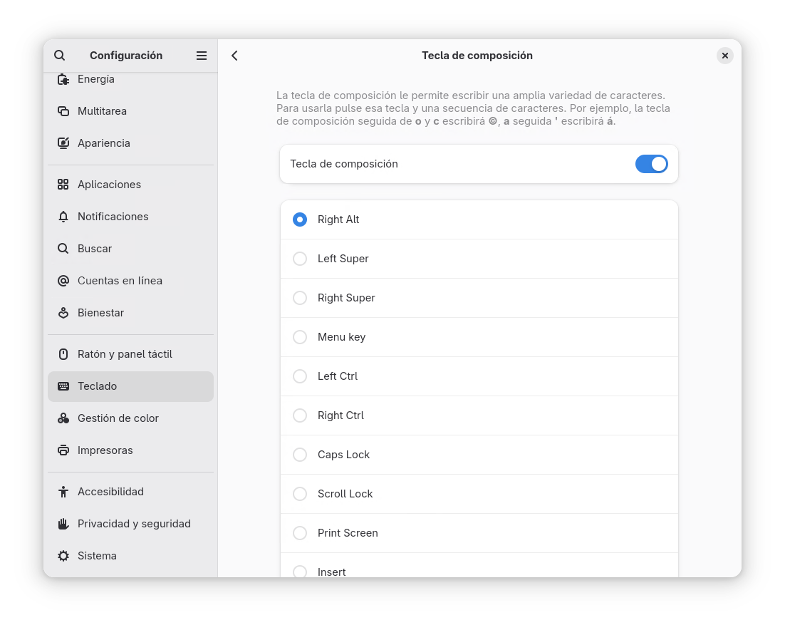 Escritorio GNOME: habilitación de la secuencia de caracteres de la tecla de composición Escritorio GNOME: habilitación de la secuencia de caracteres de la tecla de composición
