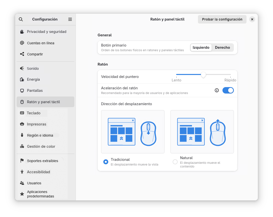 Configuración de los ajustes del diálogo Ratón y panel táctil Configuración de los ajustes del diálogo Ratón y panel táctil