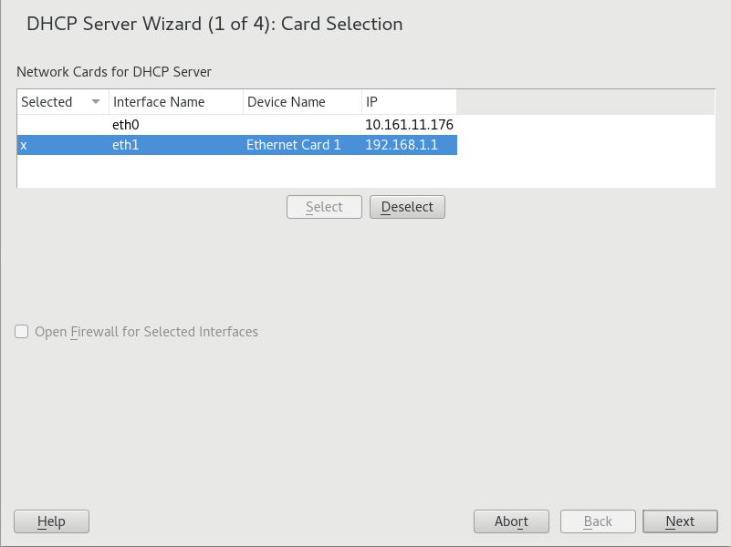 DHCP Server: Card Selection