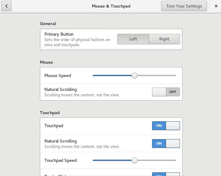 Mouse and Touchpad Settings Dialog