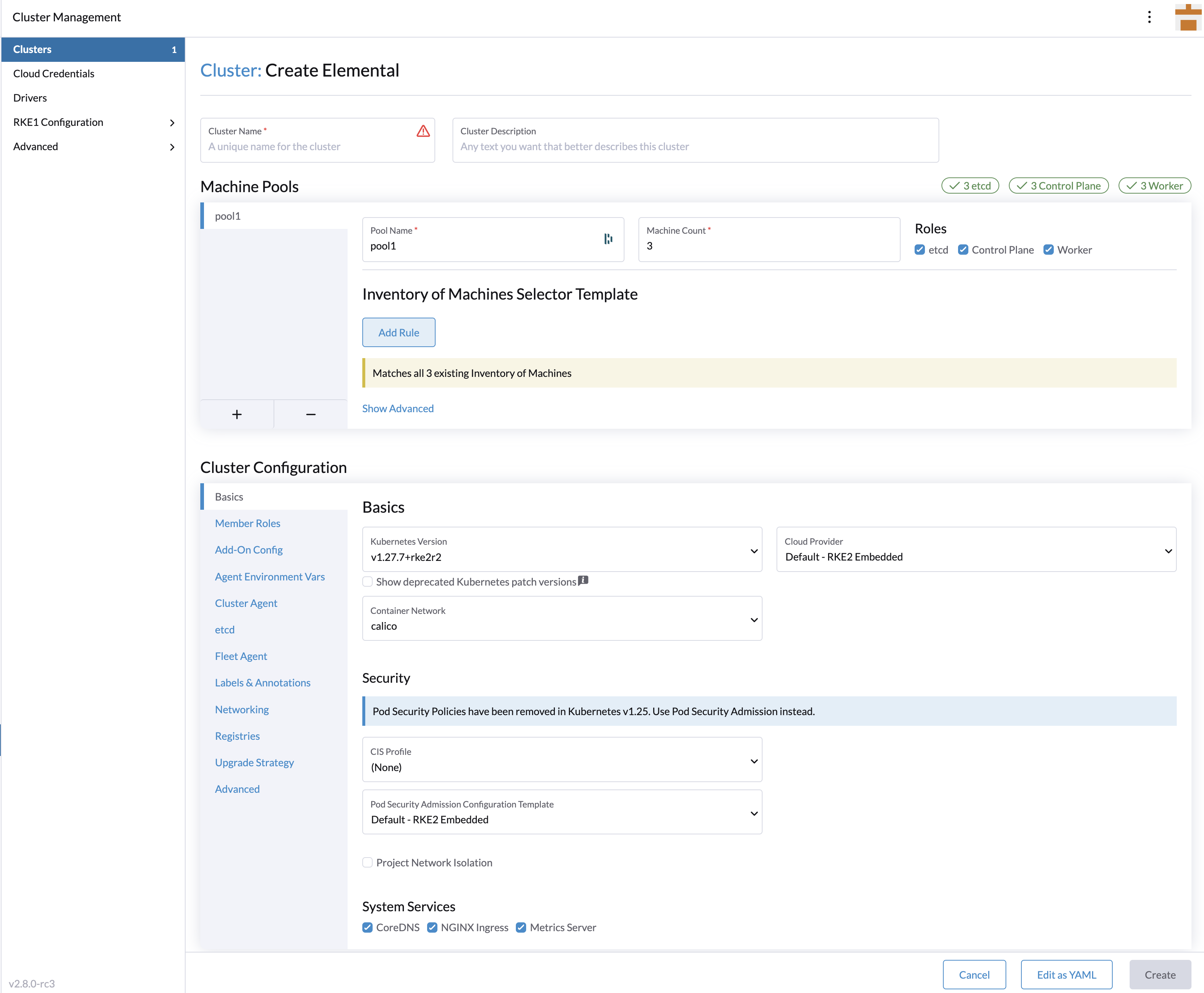 SUSE® Rancher Prime OS Manager Cluster Creation Screen