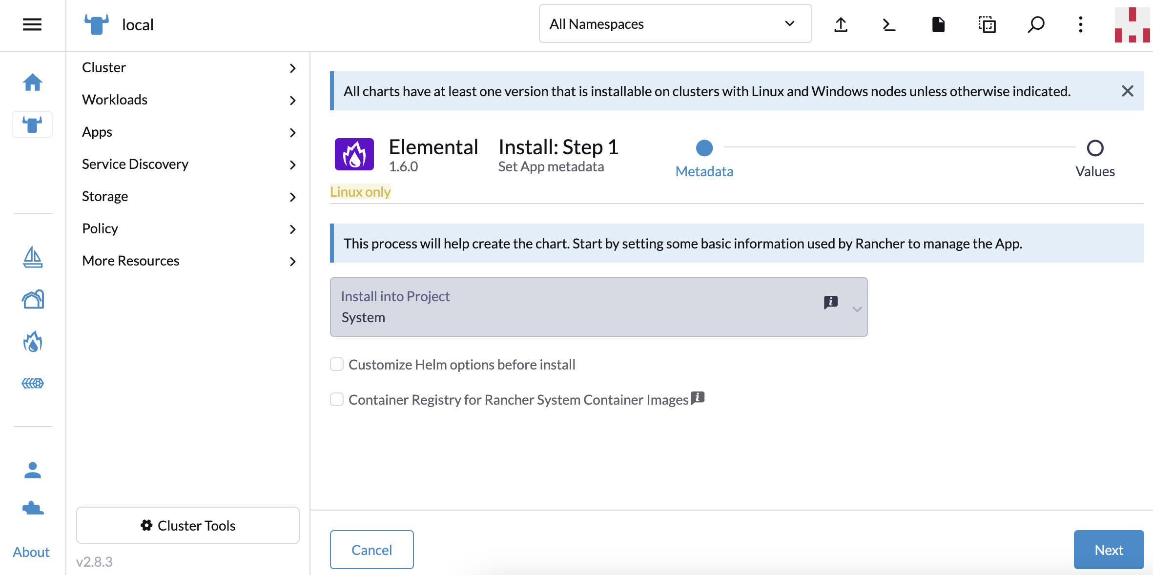 Install SUSE® Rancher Prime OS Manager operator screenshot 1